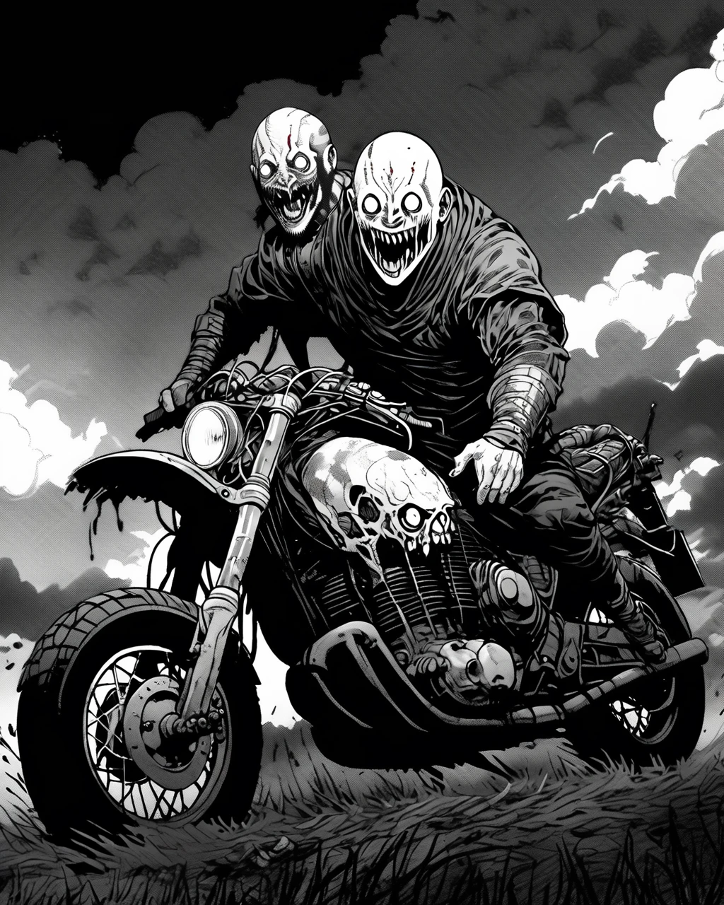 kratos riding a motorcycle,headshot portrait,junji ito style,inked,horror manga,<lora:XL_itoStyleLycoris:1.0>,, 8k, 4k, (highres:1.1), best quality;
