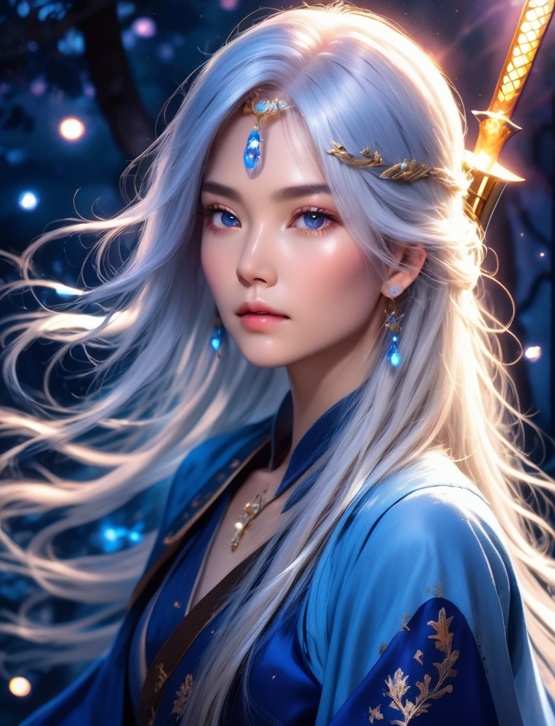 (masterpiece,best quality:1.5), , asian woman with white hair, straight hair, jewelly, blue clothes, holding a sword, in the style of dark azure and light azure, mixes realistic and fantastical elements, vibrant manga, uhd image, glassy translucence, vibrant illustrations, ultra realistic, long hair, straight hair, portrait, mysterious forest, (firefly:1.2), bokeh, mysterious, night, sky, cloud, eyes detail, beautiful eyes, light in eyes, upper body, blue themes