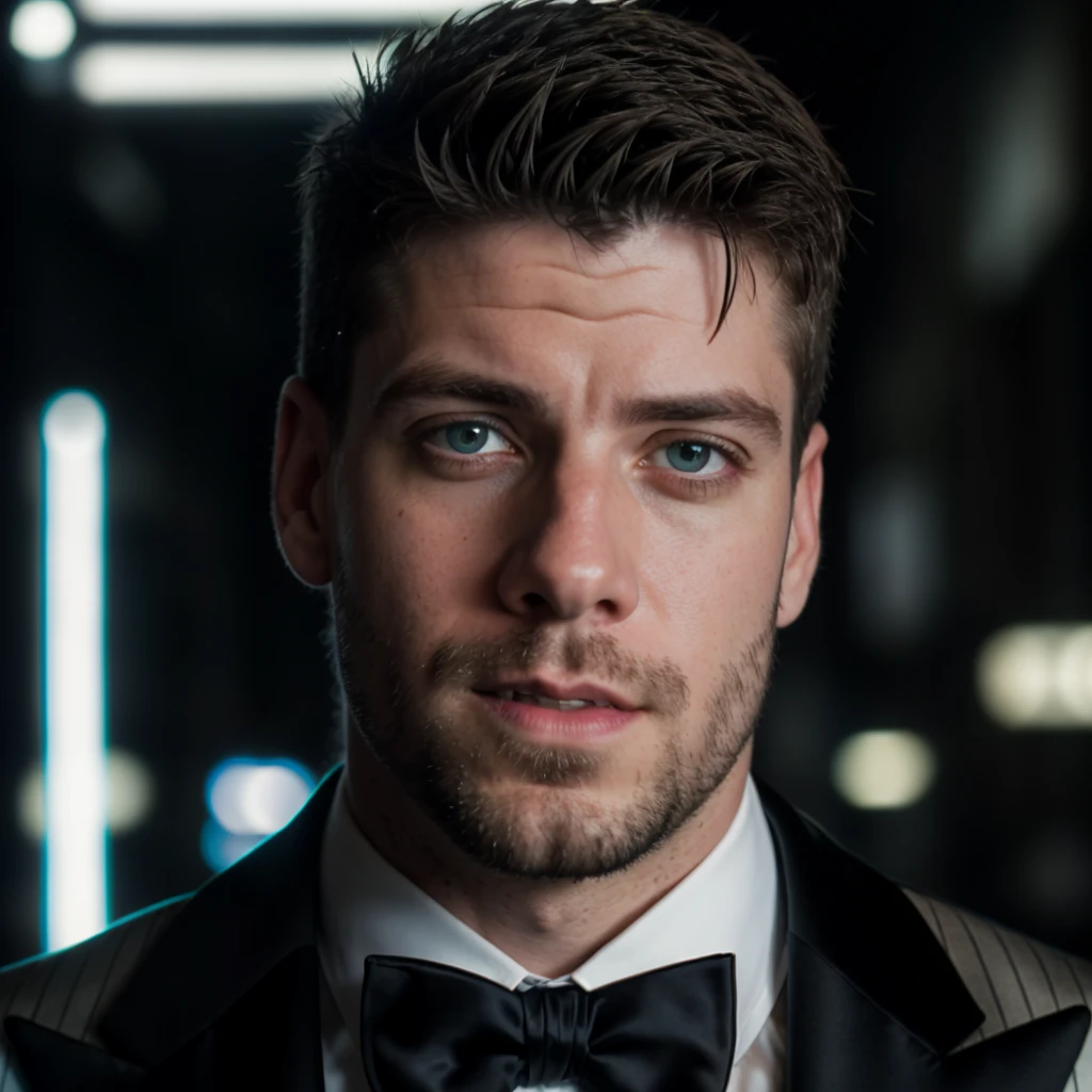 face portrait of nathanweir person using a tuxedo, in blade runner, professional photography, high resolution, 4k, detailed photo, <lora:nathanweir_12600:1>