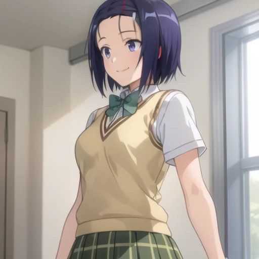 (masterpiece, best quality:1.2),1girl,solo,cowboy shot,upper body,smile,short_hair,blue_eyes,hair_ornament,school_uniform,blue_hair,purple_eyes,hairclip,bowtie,green_bow,green_bowtie,skirt,short_sleeves,pleated_skirt,kneehighs,plaid_skirt,green_skirt,  <lora:Haruna Sairenji-V1:0.6>