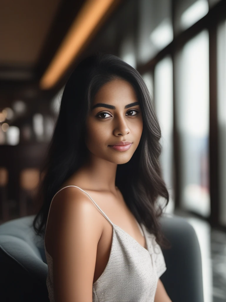 desiespresso, woman, natural lighting, high resolution, film grain, studio quality, in a hotel lobby, full body, black hair, detailed pretty face, <lora:DesiCoffeeSDXL:0.3>