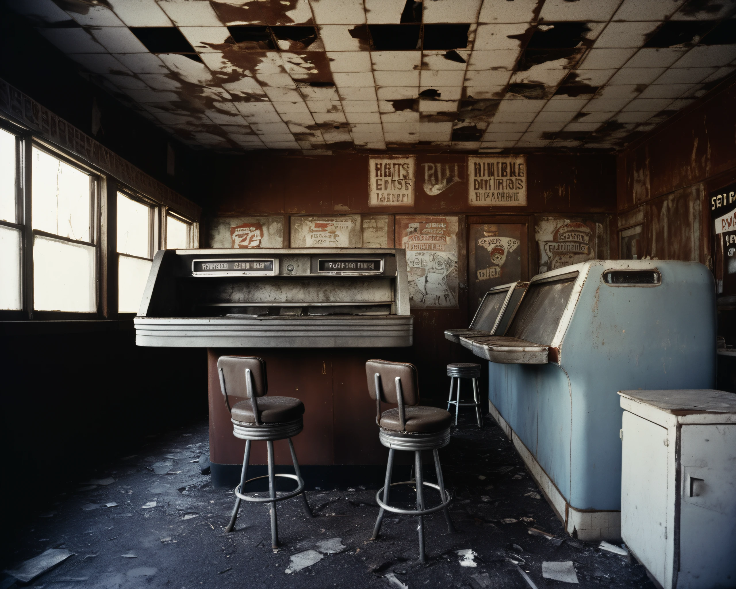 in a post-apocalyptic deserted diner, overturned stools, rusted kitchen appliances, dusty jukebox, unreadable specials sign., by W. Eugene Smith, <lora:PostApocalypticXL_v1:0.8> SZ_4po enviroment