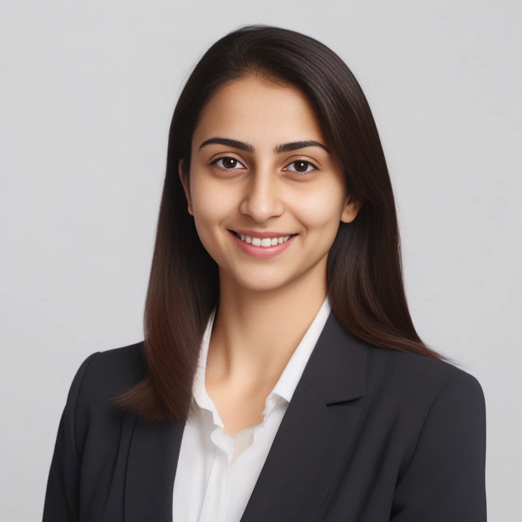 desilatte, headshot photo of a 30 year old woman, in a business suit, against flat matte, white background, small smile, natural lighting <lora:DesiCoffeeSDXL-000002:1>