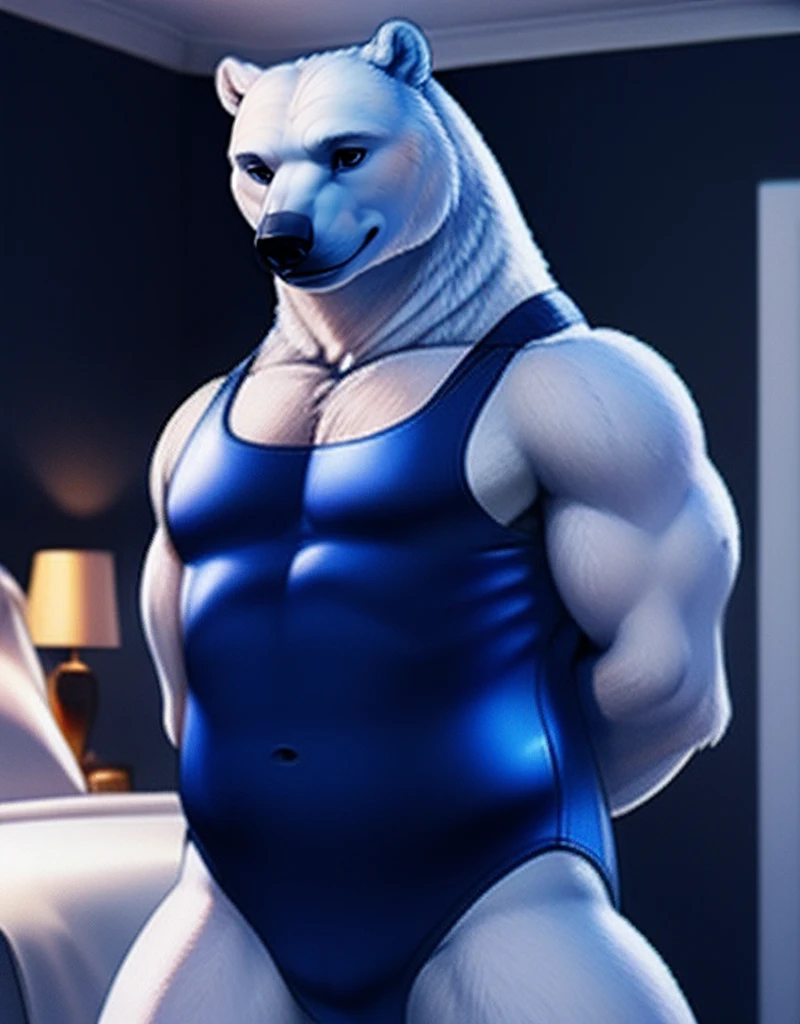 (((detailed eyes, detailed face))), (anthro, polarbear, black eyes), male, (solo), (muscular:1.4), (male swimsuit <lora:bulge_swimsuit_cum_findigo_v3:1>, one-piece swimsuit), standing, arms behind back, smile, (by zackarry911, by zaush, by personalami:0.5), bedroom, soft shading, masterpiece