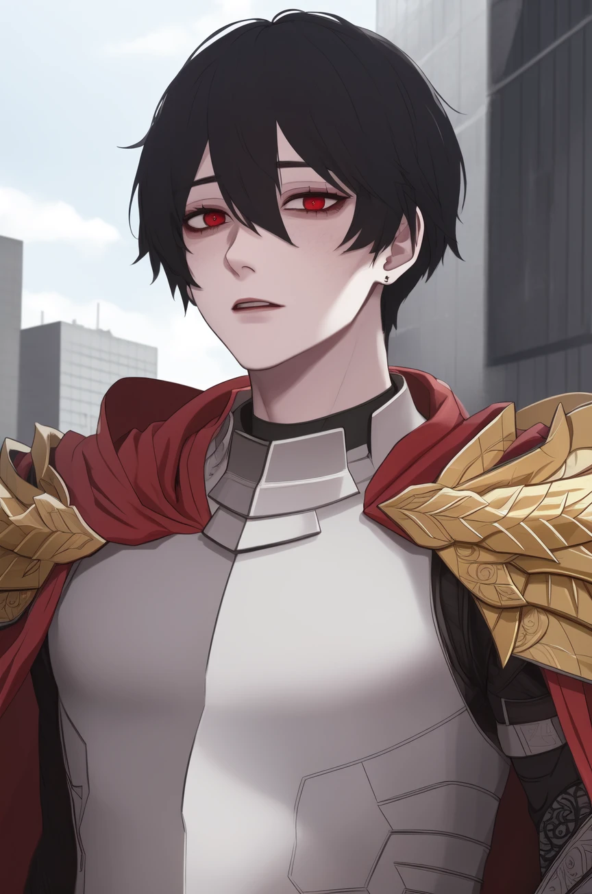 highres, sharp focus, pixiv masterpiece, ((intricate details)), highly detailed, 1boy, upper body, kim_minsu, armor, red cape, red eyes, black hair, pauldrons, bags under eyes, city, shoulder armor, <lora:Kim_Minsu_Hero_Returned:0.9>,