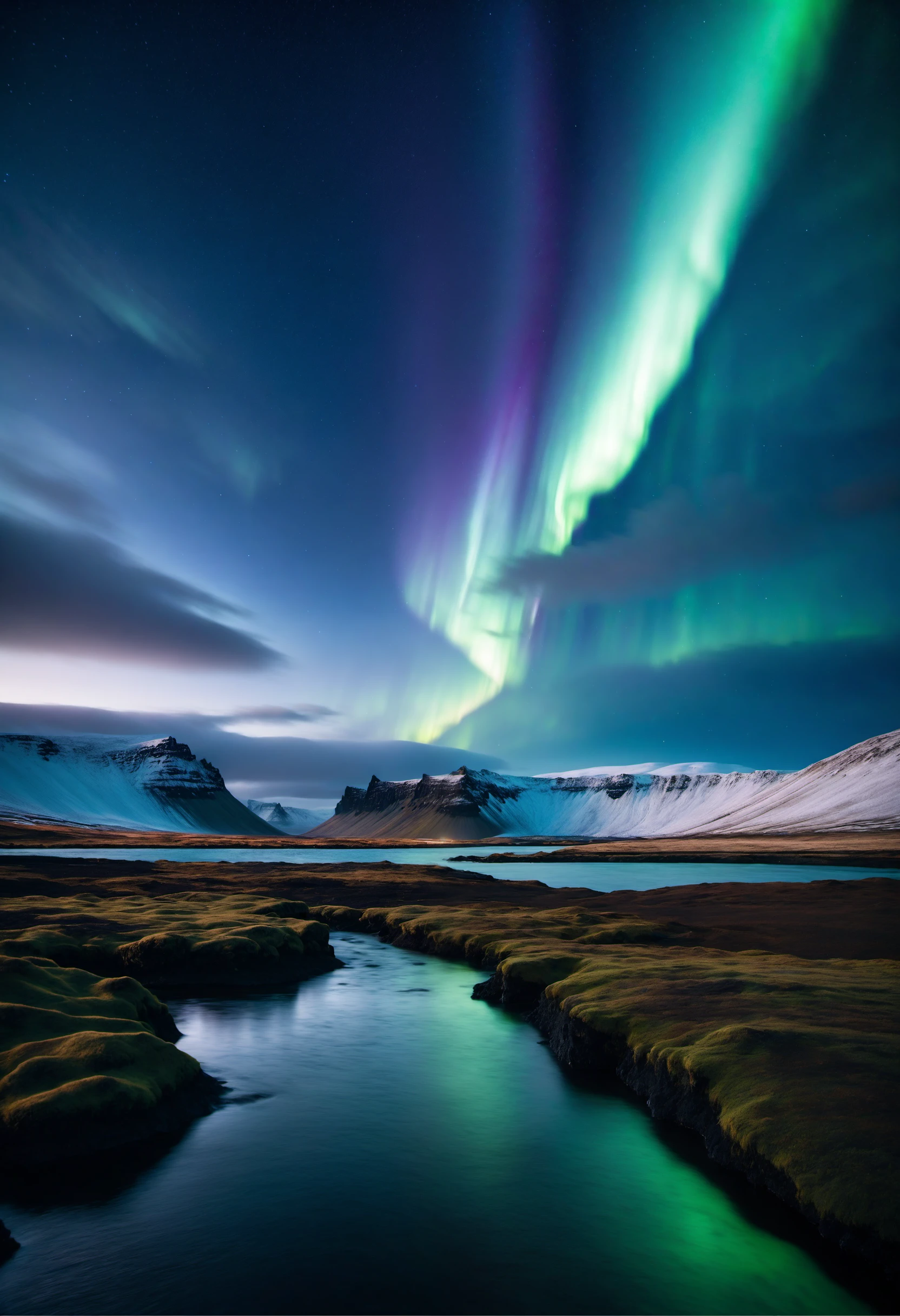 prize winning landscape photography of iceland at night with wildwater intersecting the magical landscape and the northern lights dancing in the sky reflected in the water, a very serene scene unlike any other, dark but beautiful, photorealistic, scenery,absurdres,hyper realistic lifelike texture dramatic lighting unrealengine trending on artstation,award winning photo,nikon RAW photo,8k,masterpiece,no humans, ,cold, winter, mountain, fog, lut, cinematic, dimmed colors, dark shot, muted colors, film grain, ice,iceland,aurora, Fujifilm XT3, with a (bokeh effect:1.3),
