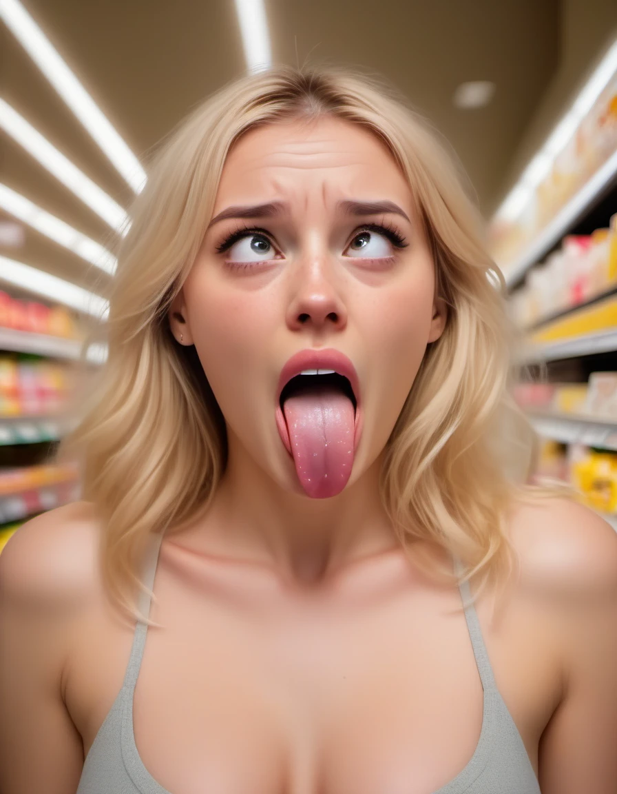 portrait photo of blonde woman, ahegao, tongue out, drool <lora:ahegao_sdxl_v4:0.95> supermarket, (bokeh:0.2) dramatic lighting
