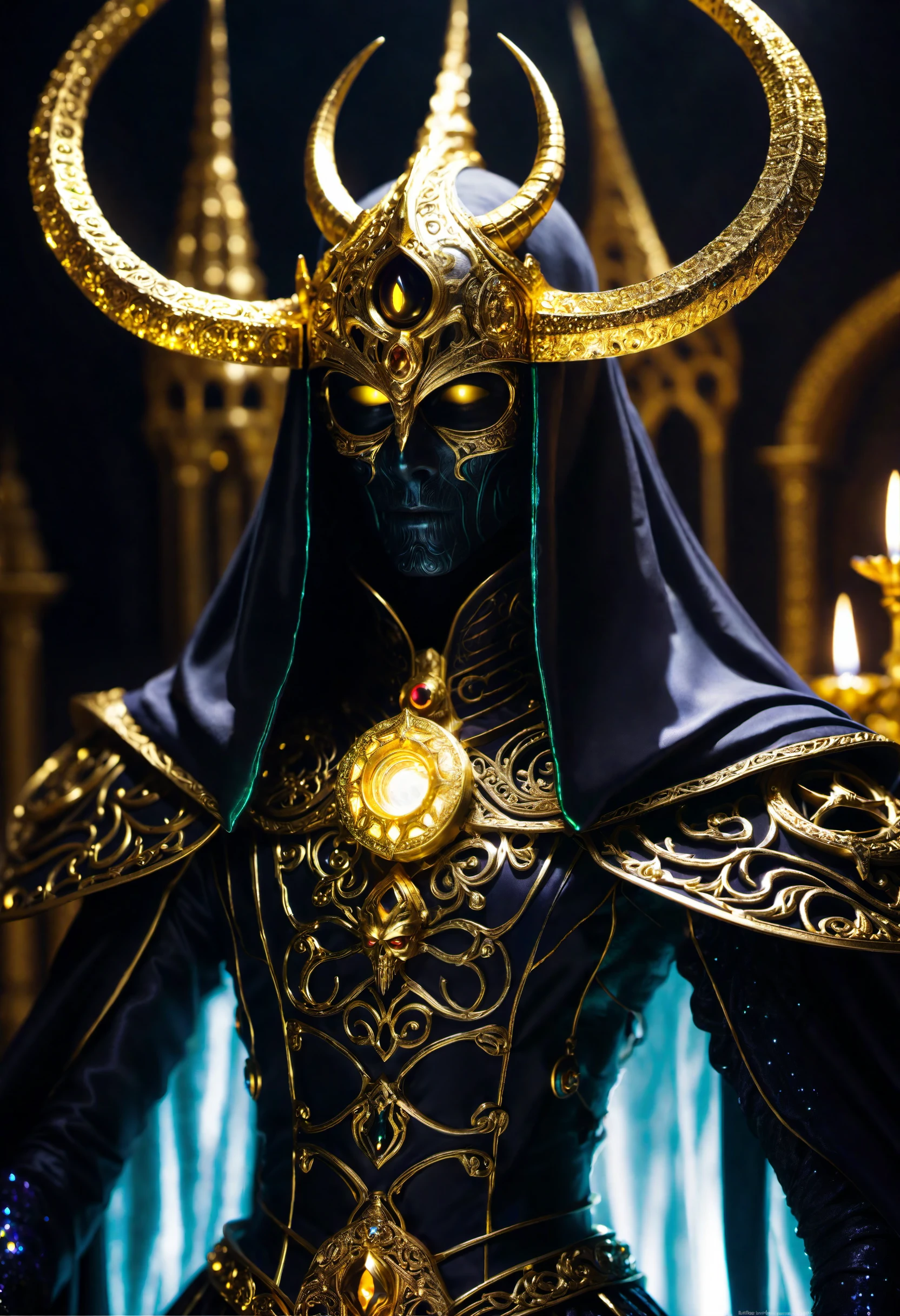 close-up of eldritch lich surrounded by void magic looking at viewer, (intricate details), (****), eldritch, (nightmare), insane, horror \(theme\), glow, glowing eyes, (sparkly gold:1.2), glowing eyes, volumetric lighting,