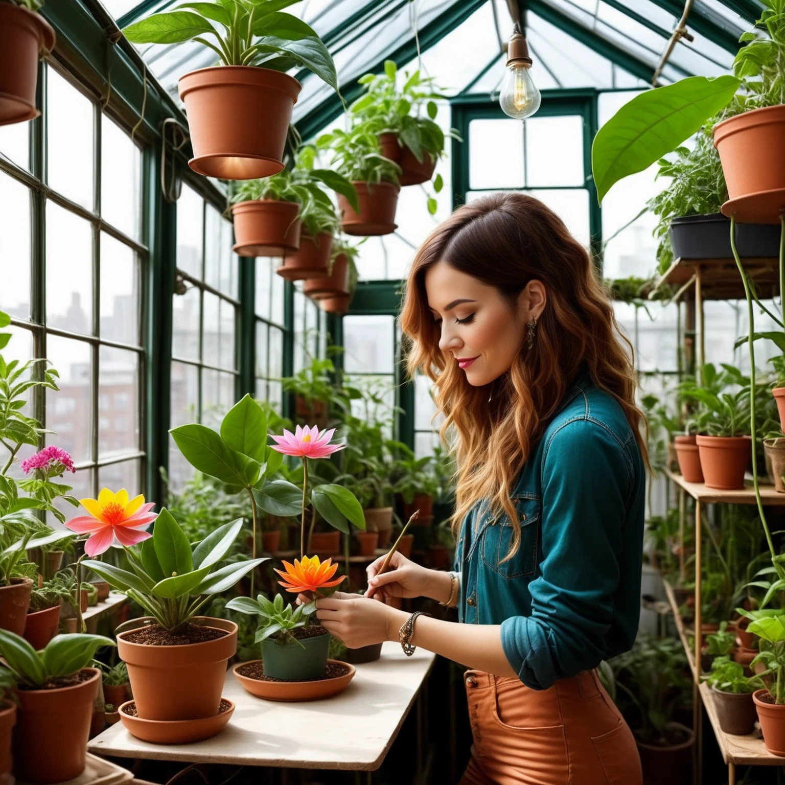 15. A hipster houseplant enthusiast caring for a rare magical singing flower in her urban greenhouse loft apartment. Vibrant indoor lighting and details.