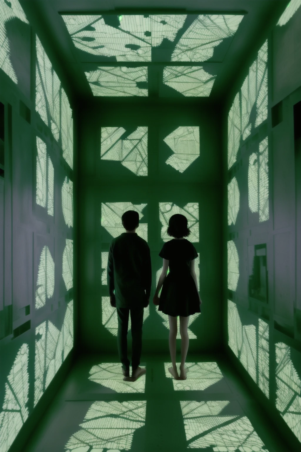 a couple of people standing in a room with camouflage-green light on it's walls, Chiharu Shiota, promotional image, a screenshot, cubo-futurism , the_cube