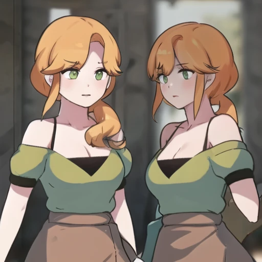 (masterpiece, best quality:1.2),illustration,8k,hd,1girl,solo,full body,long_hair,breasts,bangs,shirt,skirt,short_sleeves,cleavage,bare_shoulders,green_eyes,collarbone,off_shoulder,orange_hair,green_shirt,off-shoulder_shirt,brown_skirt,white_pupils,low_ponytail,hair_over shoulder,white thighhighs,brown footwear, <lora:Alex-Bubble-V1:1>