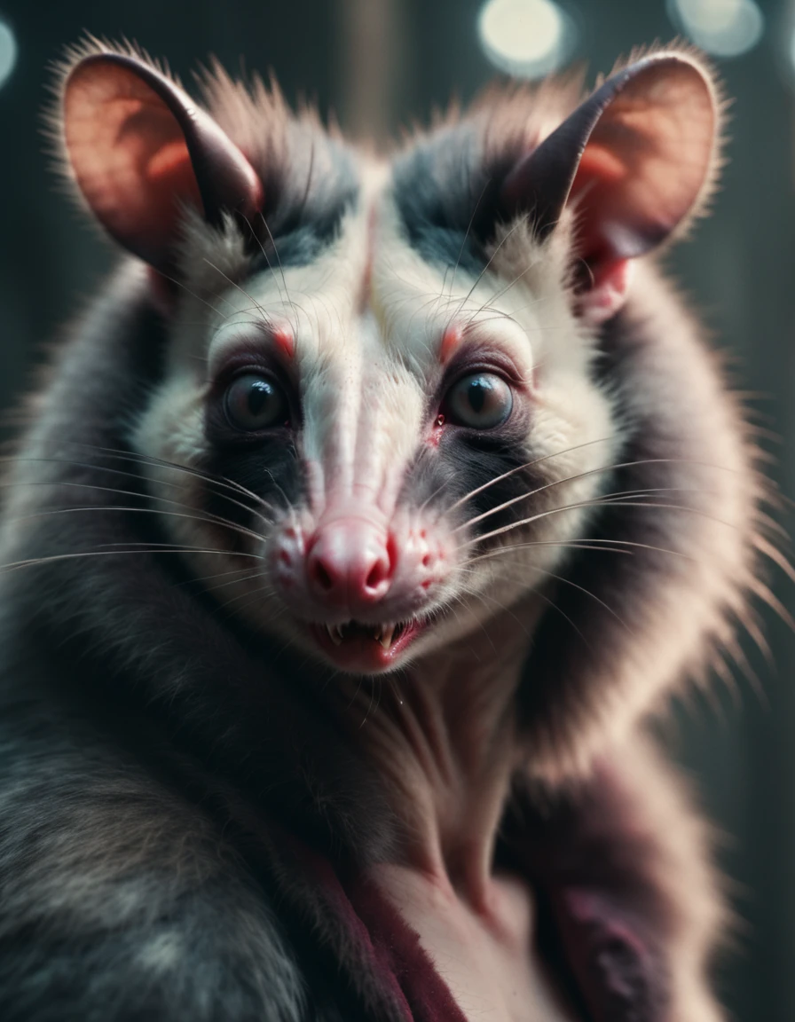 solo mid shot portrait of a werepossum animal, by Maciej Kuciara and Anna Dittmann and Donato Giancola, analog cinematic LUT