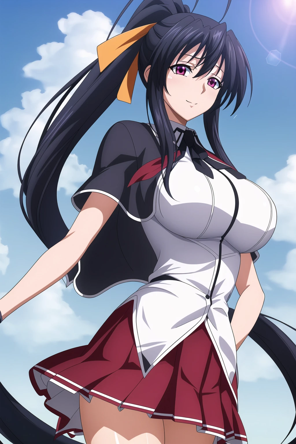 (day), in the school,blue sky with clouds, 
(Standing at attention),
Black_cape,Black neckwear,white shirt,short_sleeves, sailor_collar,Red pleated skirt,school uniform,
<lora:more_details:0.1>,<lora:Mariana_Luciano_NON_VIRGIN-KK77-V1:0.3>,<lora:Akeno_Himejima_DXD-KK77-V3:0.7>,
black hair, pink eyes, Very Long Hair,hair_between_eyes,ponytail,Yellow_hair_ribbon,
1 girl, 20yo,Young female,Beautiful Finger,Beautiful long legs,Beautiful body,Beautiful Nose,Beautiful character design, perfect eyes, perfect face,expressive eyes,
looking at viewer,(Upper_body),(Focus on her face),
official art,extremely detailed CG unity 8k wallpaper, perfect lighting,Colorful, Bright_Front_face_Lighting,shiny skin, 
(masterpiece:1.0),(best_quality:1.0), ultra high res,4K,ultra-detailed,
photography, 8K, HDR, highres, absurdres:1.2, Kodak portra 400, film grain, blurry background, bokeh:1.2, lens flare, (vibrant_color:1.2)
(Beautiful,large_Breasts:1.4), (beautiful_face:1.5),(narrow_waist),