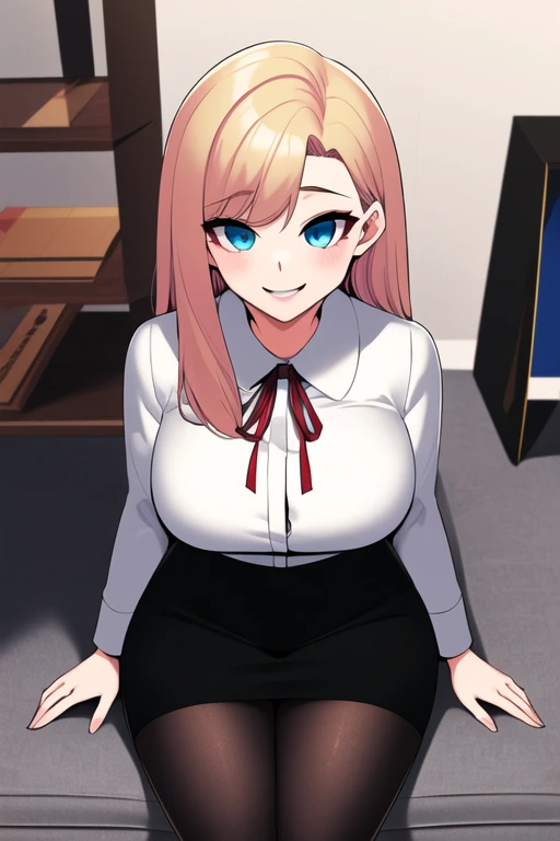 ((masterpiece, best quality)),1girl,indoor,sitting,large breasts, bangs, kira, blonde_hair, blue_eyes, breasts, long_hair, looking_at_viewer, solo, smile, white_shirt, red_ribbon, cowboy_shot ,(black high heels),((black pencil skirt)),pantyhose<lora:kiramix:0.7>