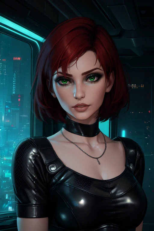 Jane, solo,short hair,red hair,green eyes,
Shepard, black dress, necklace,
standing, upper body,
night club, neon lights, (insanely detailed, beautiful detailed face, masterpiece, best quality) <lora:femshep:0.7>