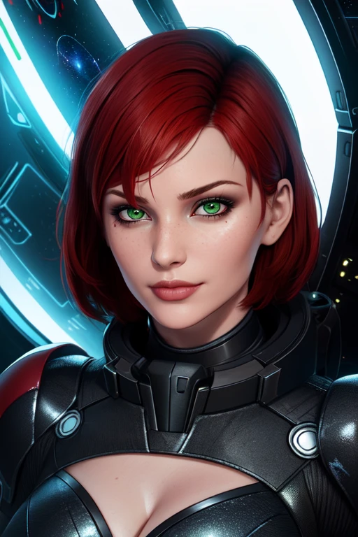 Jane, solo,short hair,red hair,green eyes, smirk,
Shepard, black power armor, cleavage cutout,
standing, upper body, N7,
space pod, neon lights, (insanely detailed, beautiful detailed face, masterpiece, best quality) <lora:femshep:0.7>