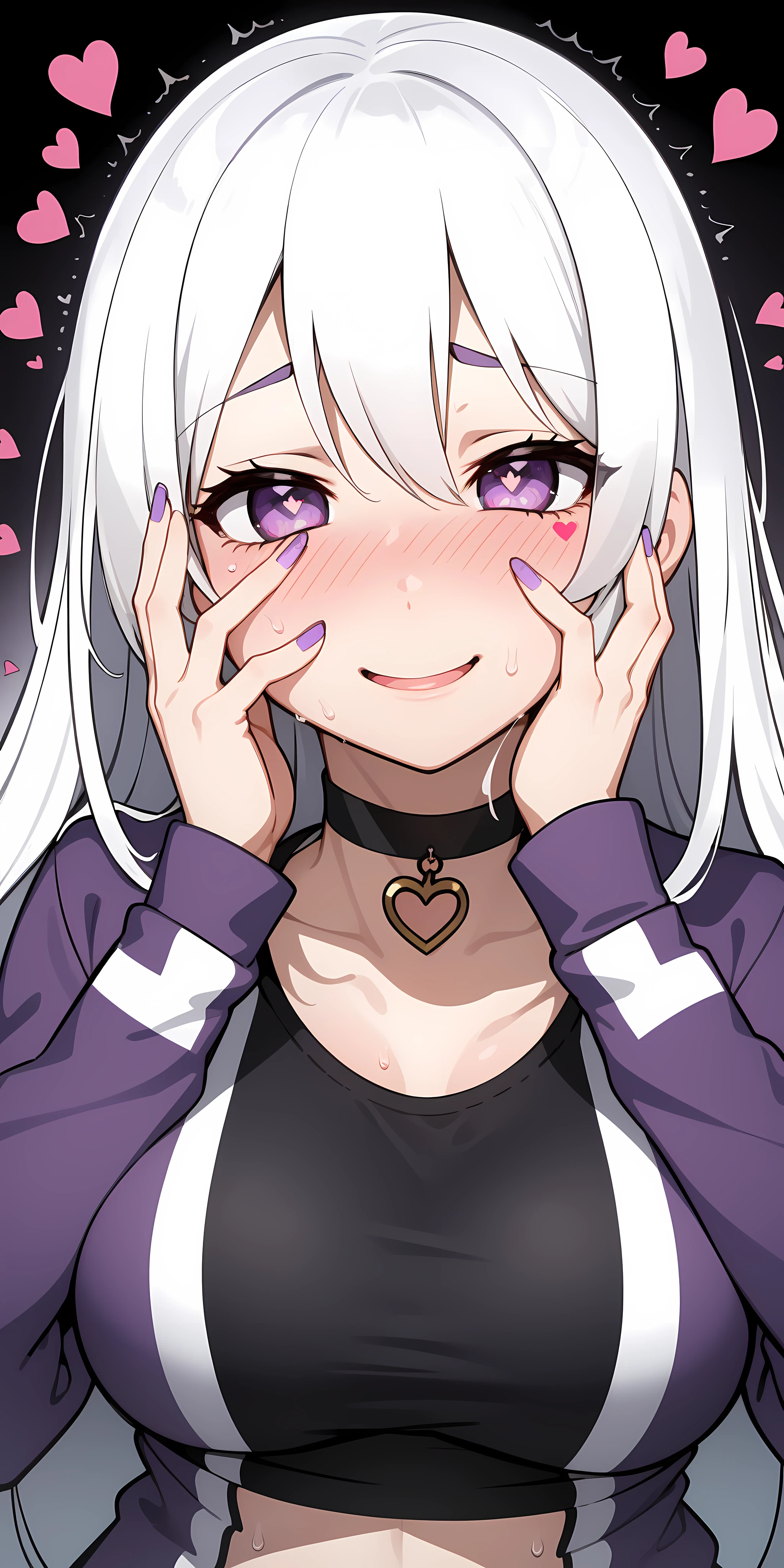 1girl,heart-shaped pupils,fingernails,hands on own face,white hair,purple eyes,(blush:1.1),choker,upper body,trembling,sweat,sweatdrop,heart,(speed lines:1.1),medium breasts, ((heavy breathing:1.3)), love, heart, crop top, happy, smile