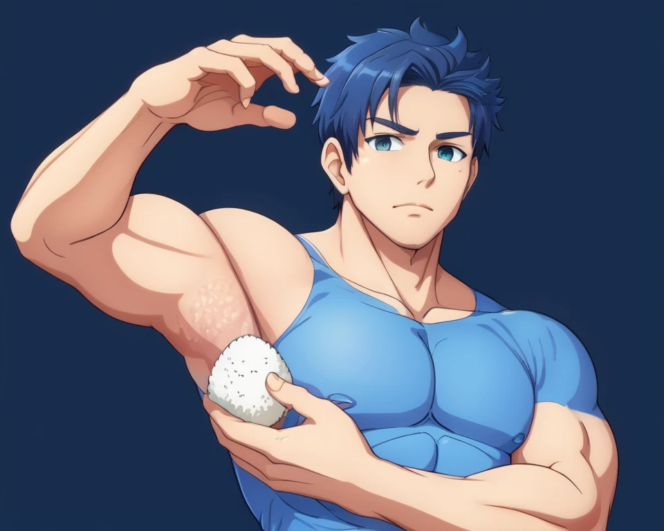 1boy, food on body, upper body, waki onigiri,onigiri_pose, onigiri_down, arm_down <lora:Onigiri_made_by_armpit:0.7>, muscular_male,armpits, blue_skin, body painting, blue_shirt