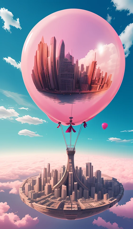 giant pink balloon,cities floating on balloons,magnificent clouds,pink theme,