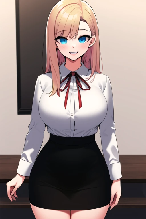 ((masterpiece, best quality)),1girl,standing,large breasts, bangs, kira, blonde_hair, blue_eyes, breasts, long_hair, looking_at_viewer, smile, solo, white_shirt, red_ribbon, (black pencil skirt), <lora:kiramix:0.7>