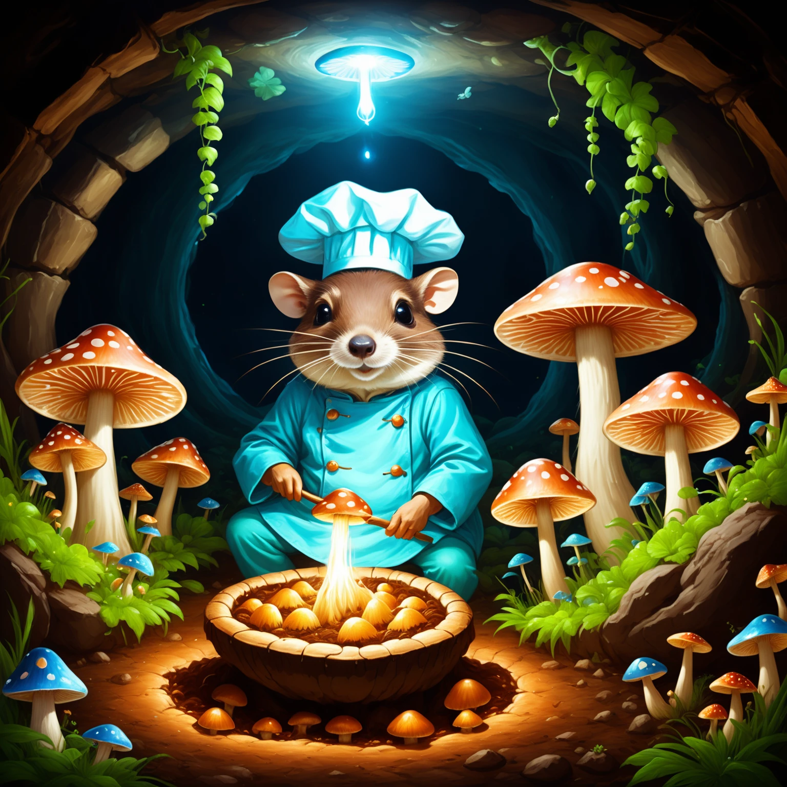 10. A cheerful mole chef gathering glowing mushrooms in a fairy ring circle deep in an underground cavern. Painterly illustration filled with bioluminescence.