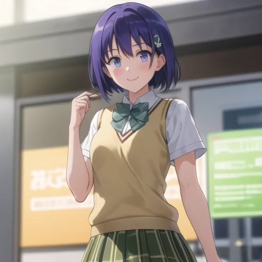 (masterpiece, best quality:1.2),illustration,8k,hd,1girl,solo,cowboy shot,upper body,smile,short_hair,blue_eyes,hair_ornament,school_uniform,blue_hair,purple_eyes,hairclip,bowtie,green_bow,green_bowtie,skirt,short_sleeves,pleated_skirt,kneehighs,plaid_skirt,green_skirt,<lora:Haruna Sairenji-V1:0.6>