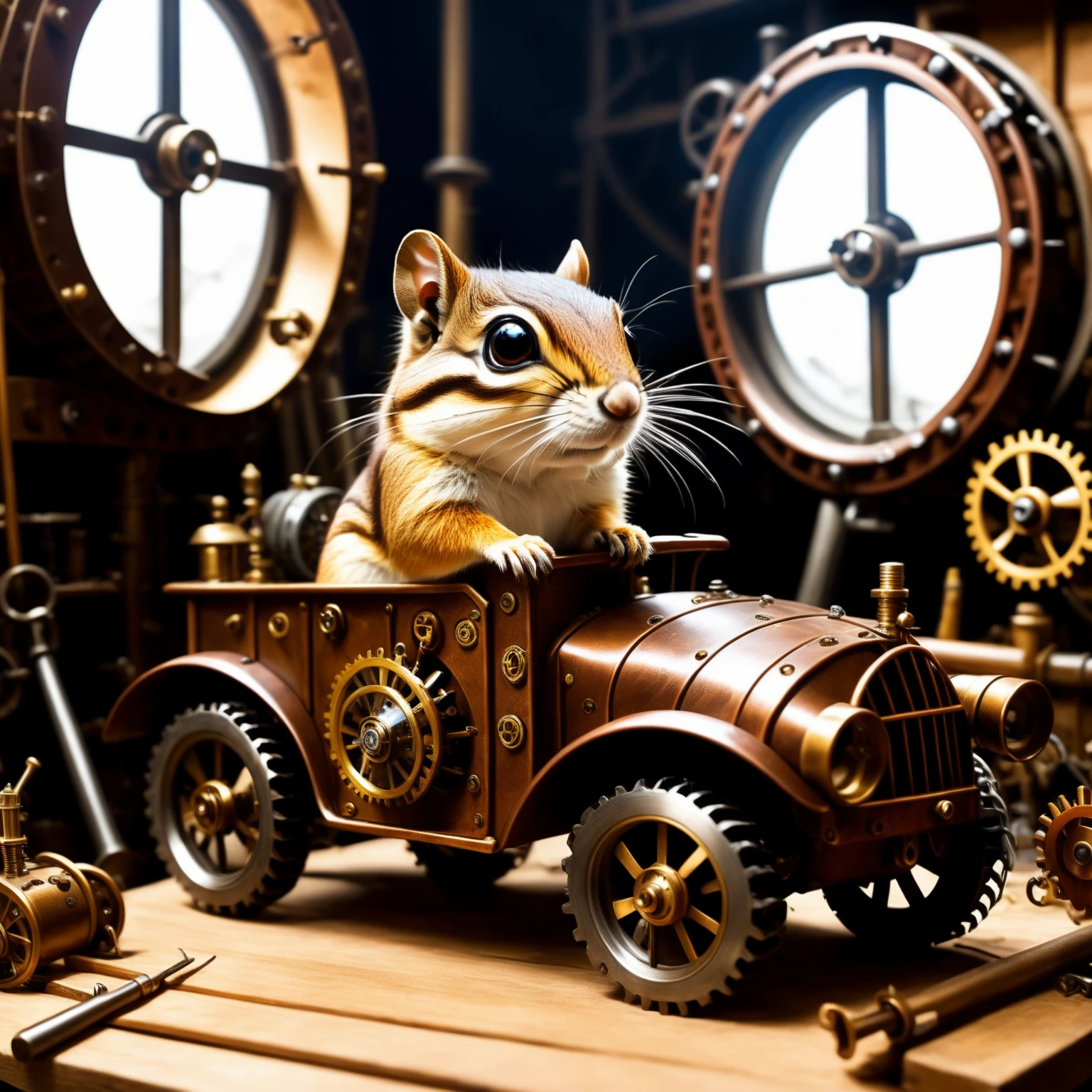45. A curious chipmunk inventor tinkering on a massive steampunk vehicle in her backyard workshop, tools scattered around haphazardly. Backlit construction scene.
