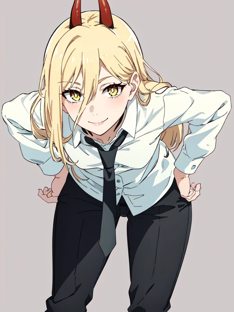 1girl, power, solo, cowboy shot, yellow eyes, symbol-shaped pupils, blonde hair, horns, smile, shirt, necktie, black pants, <lora:powerselected2:0.7>, simple background, leaning forward, looking at viewer, hands on hips