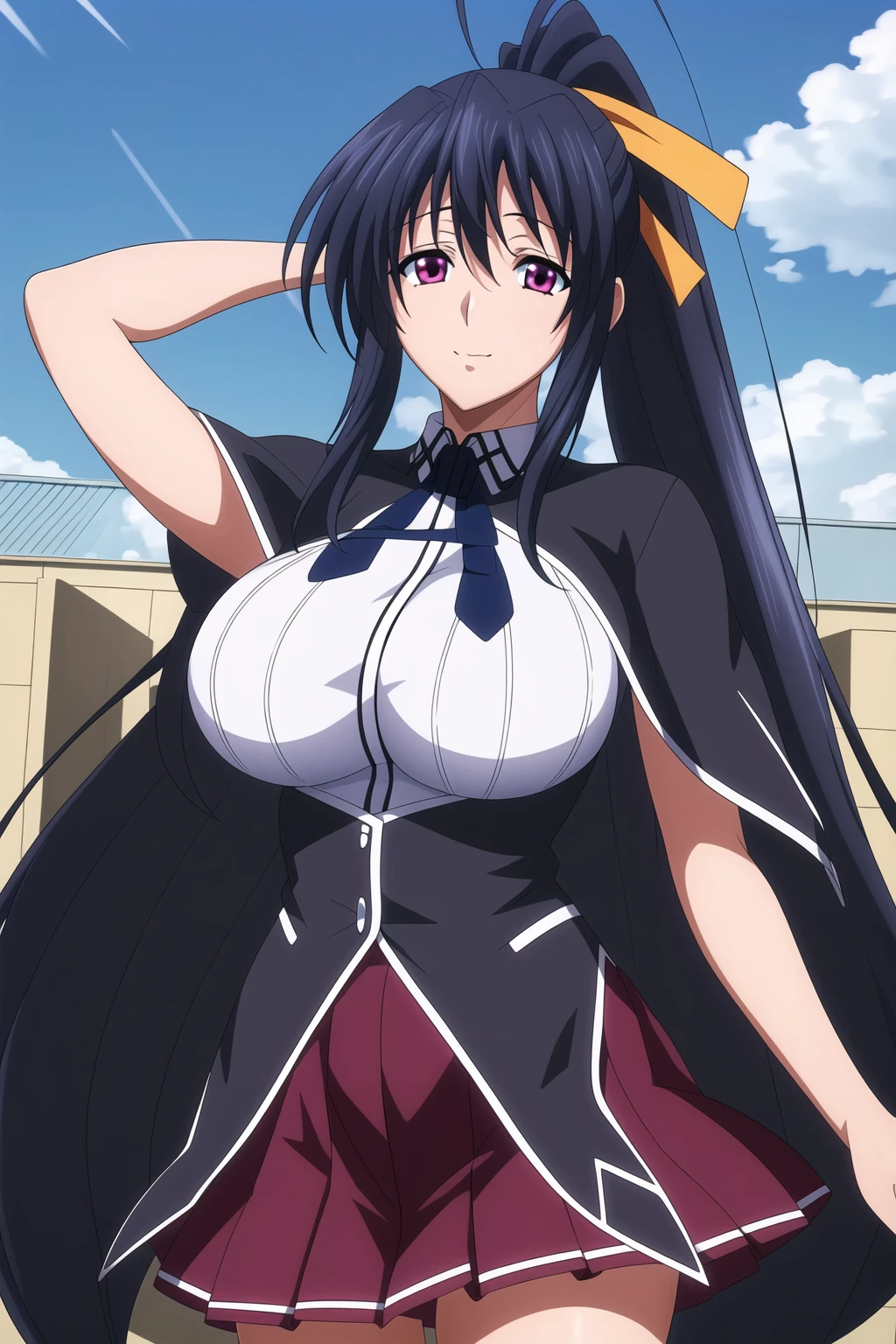 (day), in the school,blue sky with clouds,
(Standing at attention),
Black_cape,Black neckwear,white shirt,short_sleeves, sailor_collar,Red pleated skirt,school uniform,
<lora:more_details:0.1>,<lora:Mariana_Luciano_NON_VIRGIN-KK77-V1:0.3>,<lora:Akeno_Himejima_DXD-KK77-V3:0.7>,
black hair, pink eyes, Very Long Hair,hair_between_eyes,ponytail,Yellow_hair_ribbon,
1 girl, 20yo,Young female,Beautiful Finger,Beautiful long legs,Beautiful body,Beautiful Nose,Beautiful character design, perfect eyes, perfect face,expressive eyes,
looking at viewer,(Upper_body),(Focus on her face),
official art,extremely detailed CG unity 8k wallpaper, perfect lighting,Colorful, Bright_Front_face_Lighting,shiny skin,
(masterpiece:1.0),(best_quality:1.0), ultra high res,4K,ultra-detailed,
photography, 8K, HDR, highres, absurdres:1.2, Kodak portra 400, film grain, blurry background, bokeh:1.2, lens flare, (vibrant_color:1.2)
(Beautiful,large_Breasts:1.4), (beautiful_face:1.5),(narrow_waist),