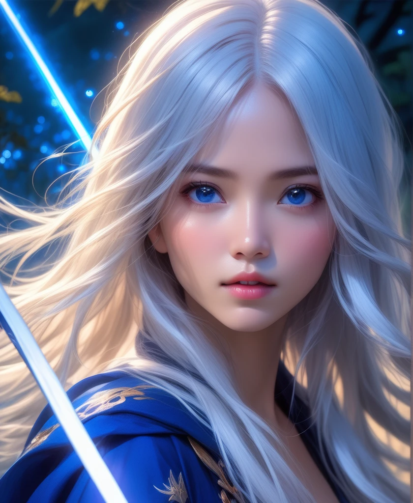 (masterpiece,best quality:1.5), , asian woman with white hair, straight hair, blue clothes, holding a sword, in the style of dark azure and light azure, mixes realistic and fantastical elements, vibrant manga, uhd image, glassy translucence, vibrant illustrations, ultra realistic, long hair, straight hair, portrait, mysterious forest, firefly, bokeh, mysterious, night, sky, cloud, eyes detail, beautiful eyes, light in eyes