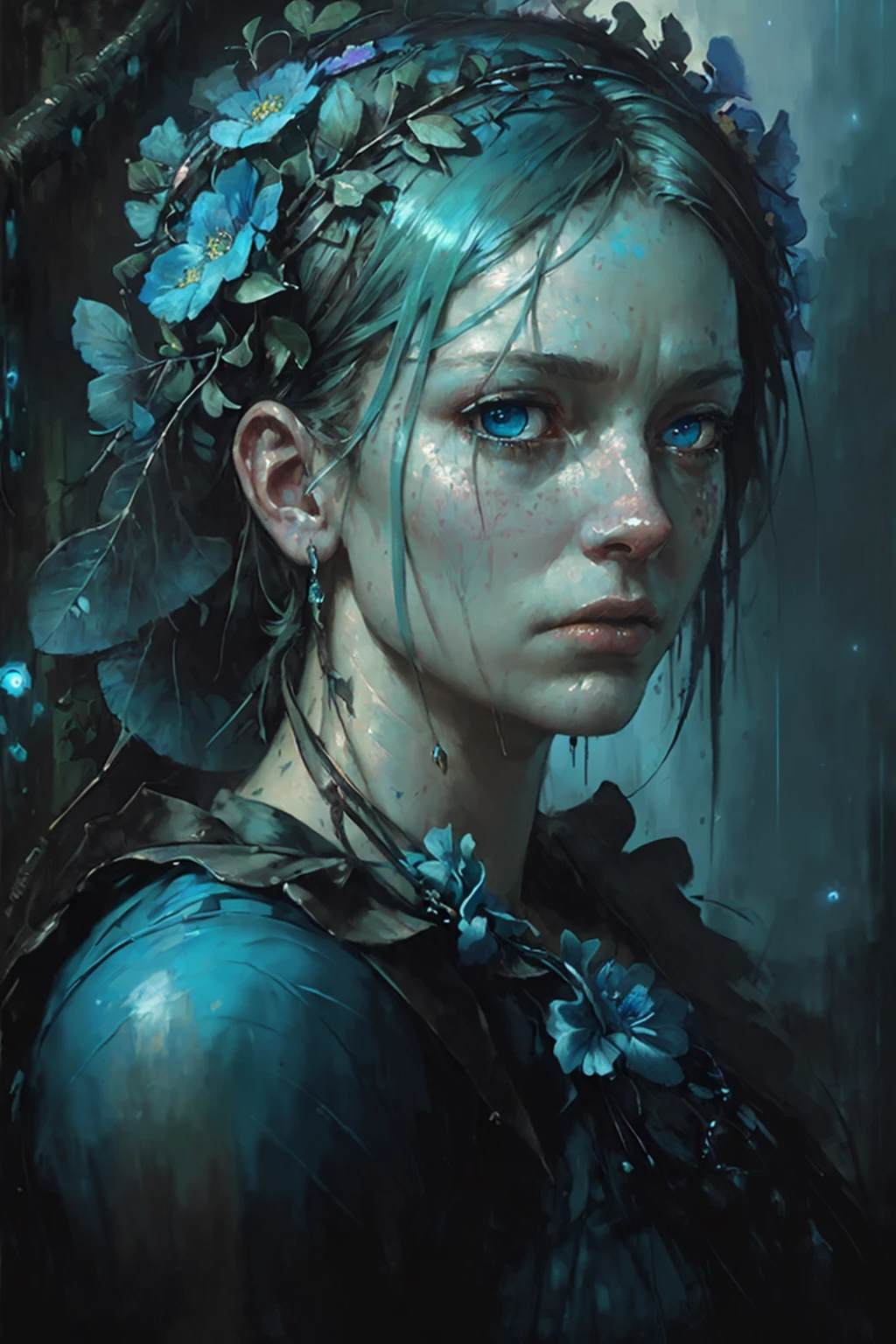 by Jeremy Mann, photorealistic, (male features), (colorful), Post-Production, Intricate, (radiosity), blue eyes, (highest quality), a colossal cyan raintree, gloomy, a closeup portrait of a [pensive|sorrowful] maid, a flowery wreath on her head, fireflies