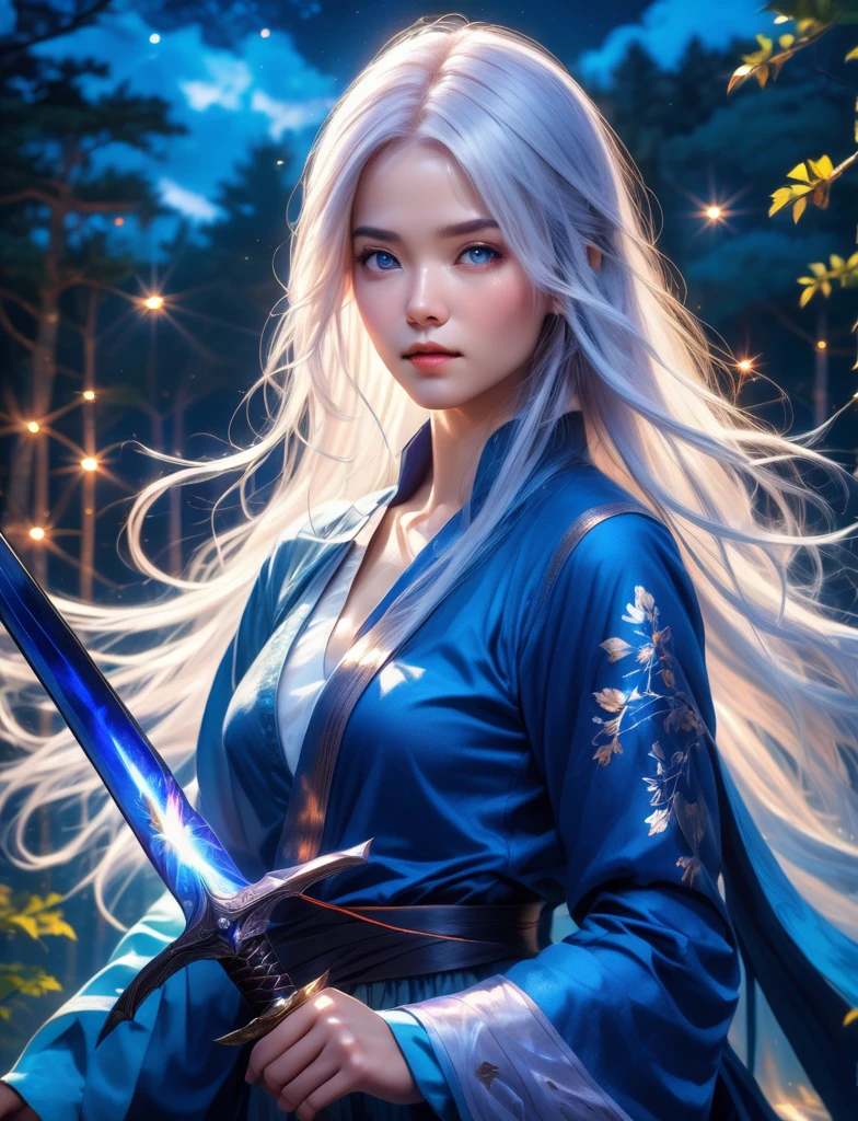 (masterpiece,best quality:1.5), , asian woman with white hair, straight hair, blue clothes, holding a sword, in the style of dark azure and light azure, mixes realistic and fantastical elements, vibrant manga, uhd image, glassy translucence, vibrant illustrations, ultra realistic, long hair, straight hair, portrait, mysterious forest, firefly, bokeh, mysterious, night, sky, cloud, eyes detail, beautiful eyes, light in eyes, upper body