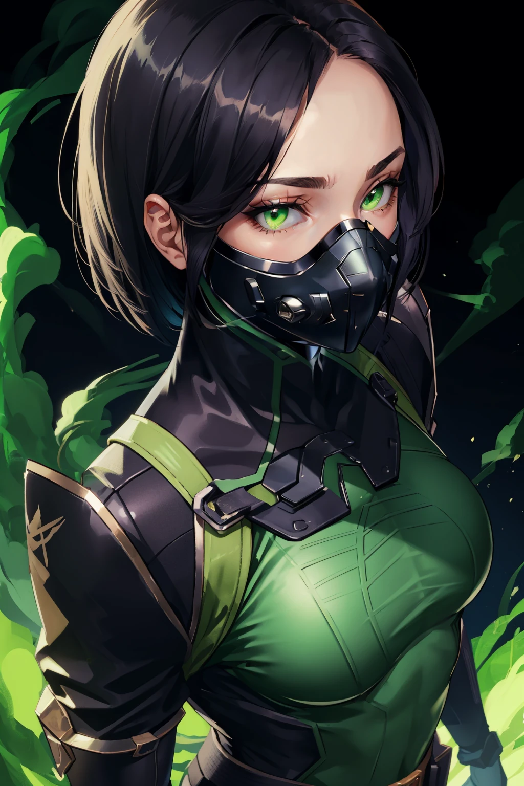 masterpiece, best quality, valorantViper, bodysuit, gloves, belt, thigh boots, respirator, looking at viewer, face, portrait, close-up, glowing eyes, green smoke, black background  <lora:viper-nvwls-v2-000010:0.9>