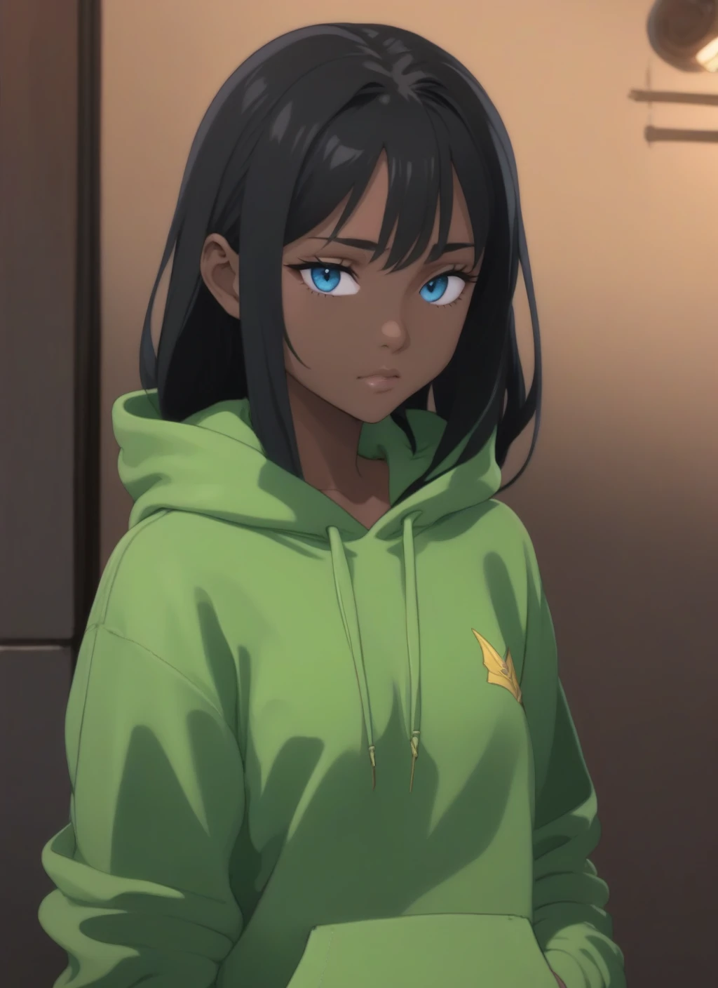 1girl, anime, green hoodie, black hair, (dark skin:1.3), black skin, lock hair, blue eyes, masterpiece, best quality,