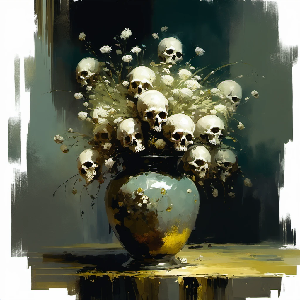 a vase of tiny skullflowers, horror, lovecraftian atmosphere, surrealism, magical atmosphere by jeremy mann and Pino Daeni and Wlop and Peter Paul Rubens, simple background