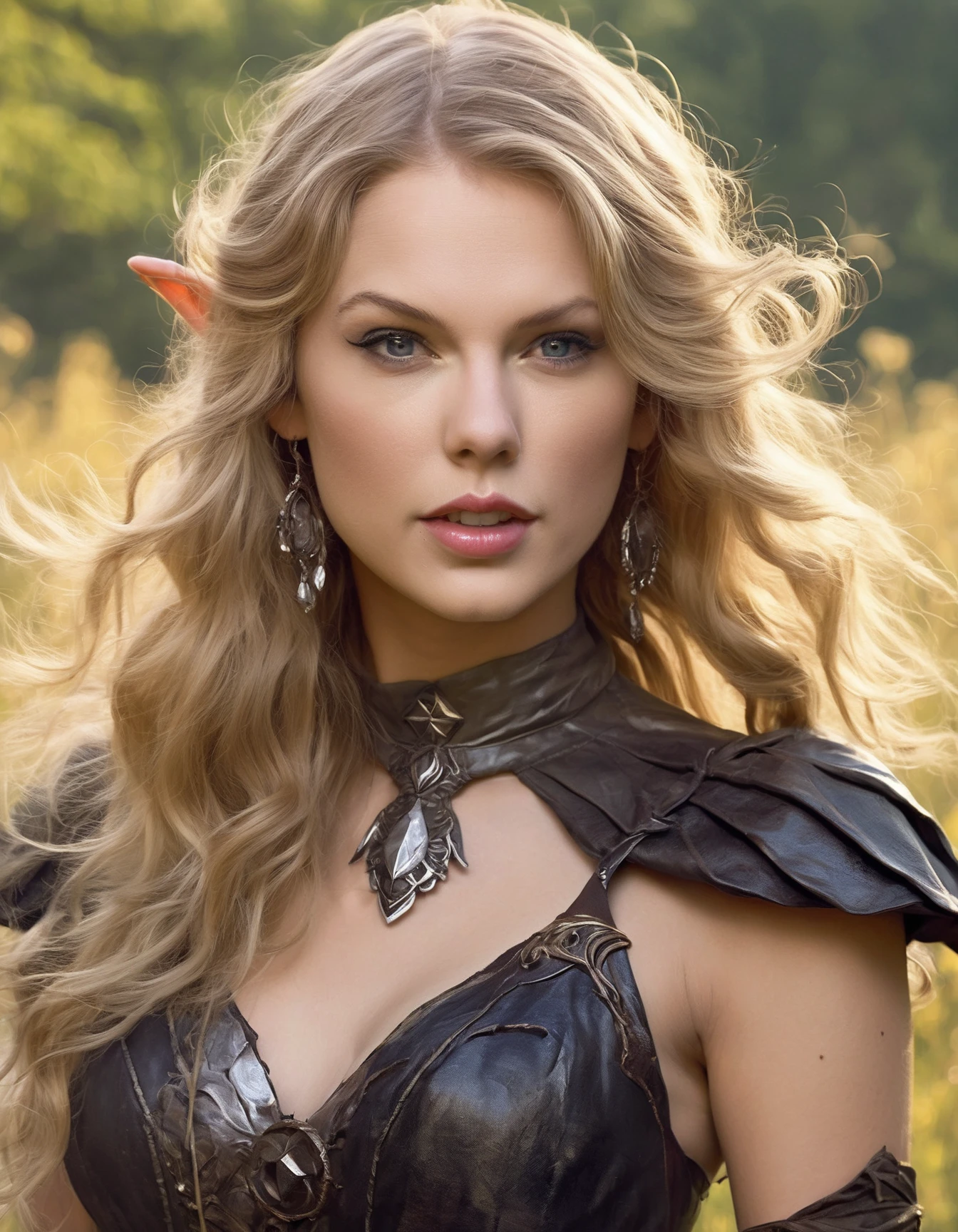 bust shot of (ohwx woman) <lora:taylor_lora_sdxl_v1-000008:1> a dark elf witch in field, sunny, highly detailed, d & d, fantasy, highly detailed, digital painting, trending on artstation, concept art, sharp focus, illustration, global illumination, ray tracing, realistic shaded, art by artgerm and greg rutkowski and fuji choko and viktoria gavrilenko and hoang lap