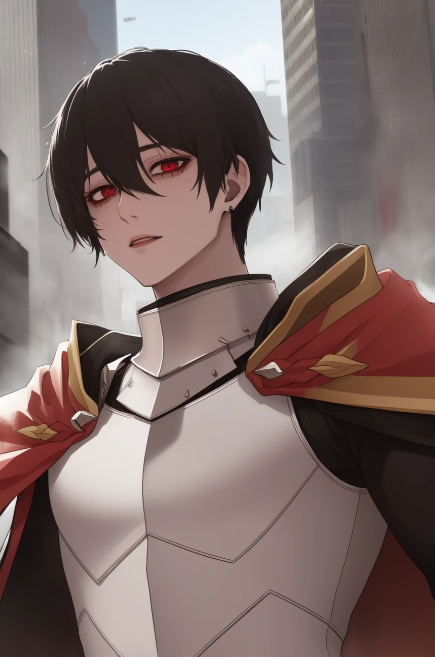 highres, sharp focus, pixiv masterpiece, ((intricate details)), highly detailed, 1boy, upper body, kim_minsu, armor, red cape, red eyes, black hair, pauldrons, bags under eyes, city, shoulder armor, <lora:Kim_Minsu_Hero_Returned:0.9>,