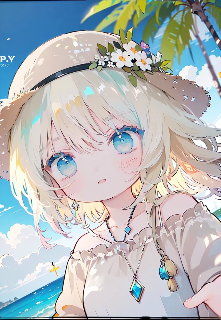 rococo style,(movie poster:1.2), soft lighting, (dramatic angle:1.25),(solo:1.4), (1girl),((blonde hair), long curly hair), blue eyes, (smile),beach straw hat, (off-shoulder shirt), hat flower ,(looking to the side:1.3), fantastic colorful, sea ,coconut tree, blue sky with clouds,(beach:1.3) ,(masterpiece:1.2),ultra-detailed,(best quality), illustration, (Depth of field),