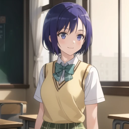 (masterpiece, best quality:1.2),illustration,8k,hd,1girl,solo,cowboy shot,(upper body:1.2),smile,short_hair,blue_eyes,hair_ornament,school_uniform,blue_hair,purple_eyes,hairclip,bowtie,green_bow,green_bowtie,skirt,short_sleeves,pleated_skirt,kneehighs,plaid_skirt,green_skirt,<lora:Haruna Sairenji-V1:0.6>