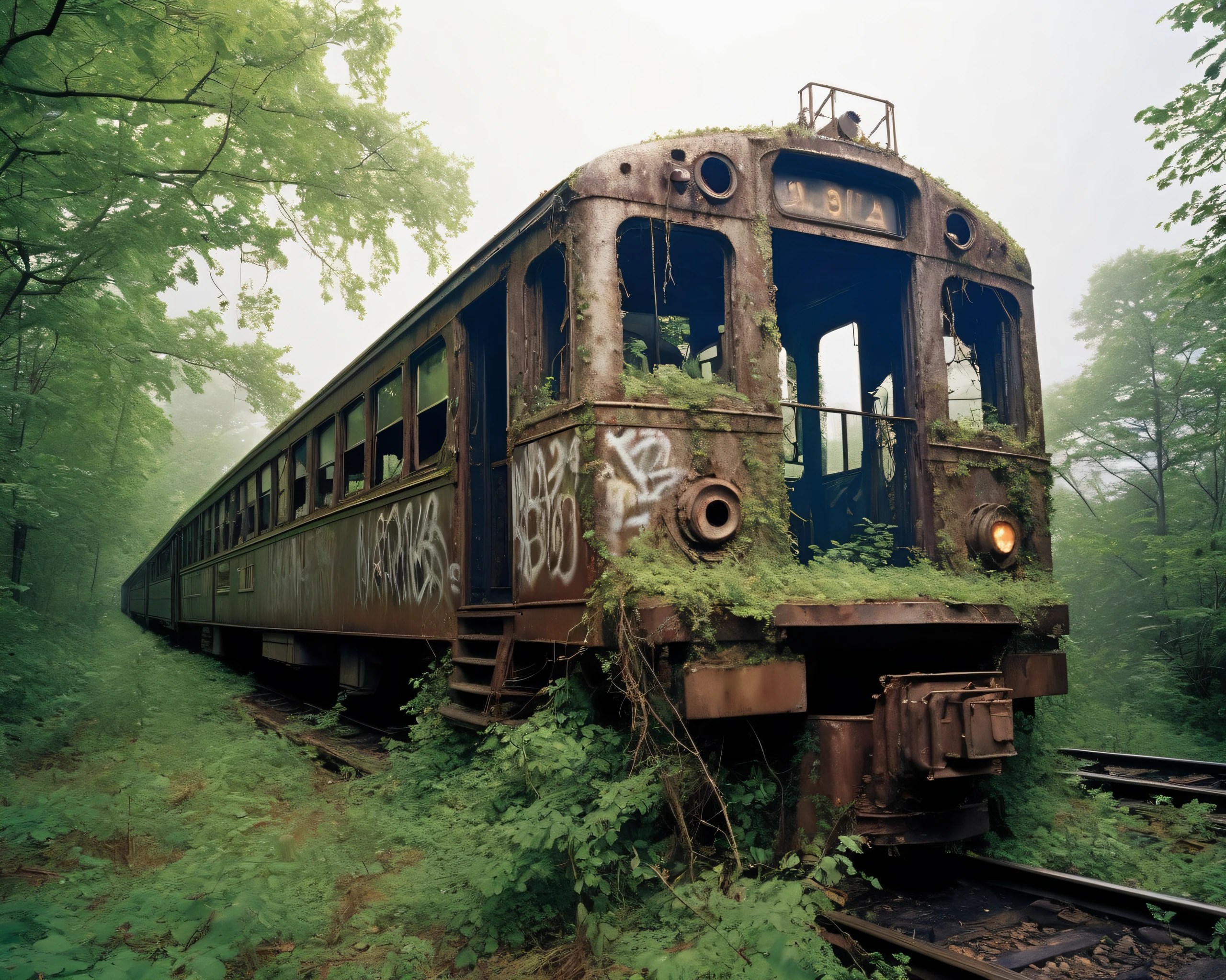 on a post-apocalyptic ghostly train yard, overgrown tracks, rusting graffiti-covered trains, broken control tower., by David LaChapelle,  <lora:PostApocalypticXL_v1:0.8> SZ_4po enviroment