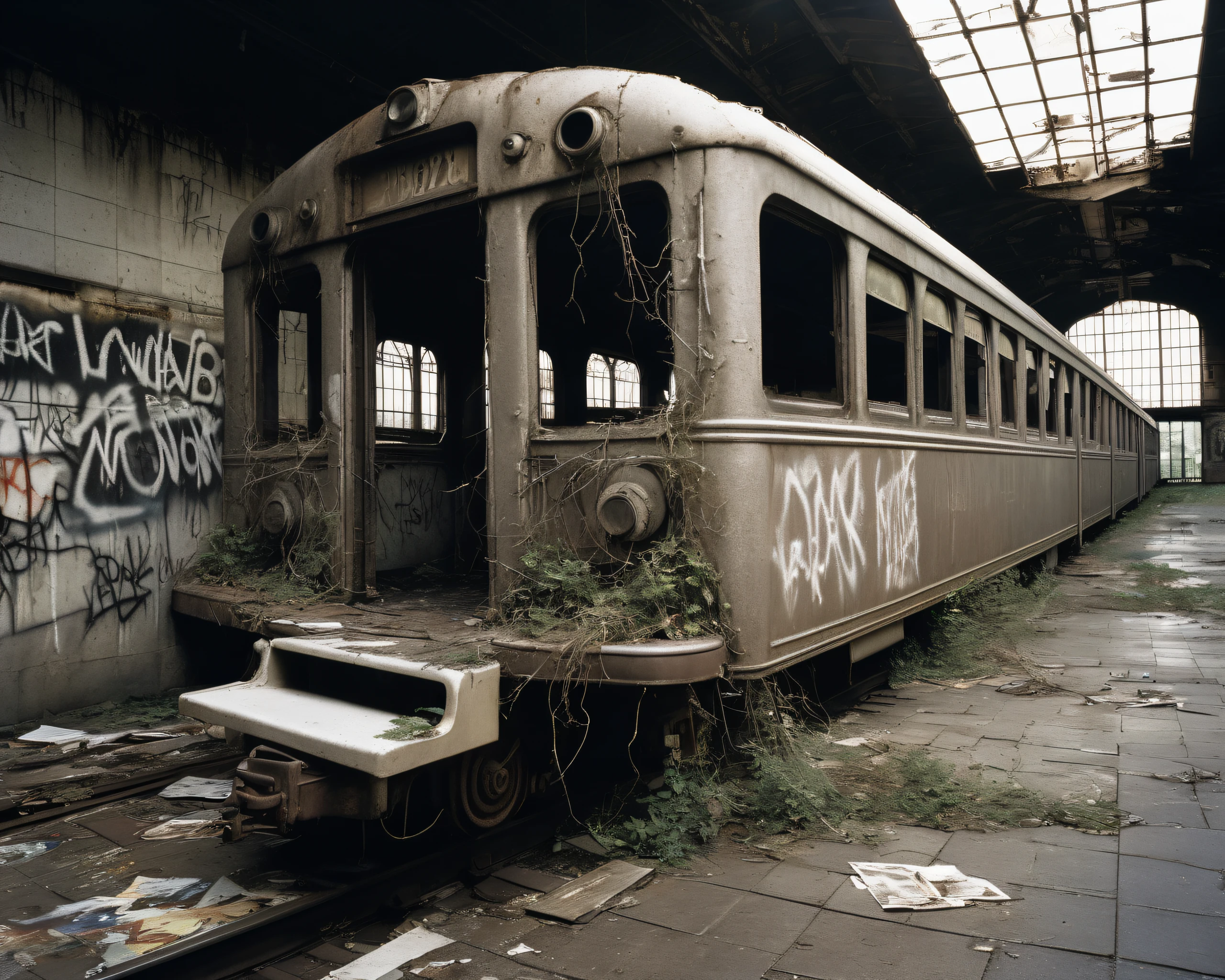 on a post-apocalyptic deserted train station, rusting benches, cracked information board, graffiti-covered abandoned train., by Irving Penn, <lora:PostApocalypticXL_v1:0.8> SZ_4po enviroment