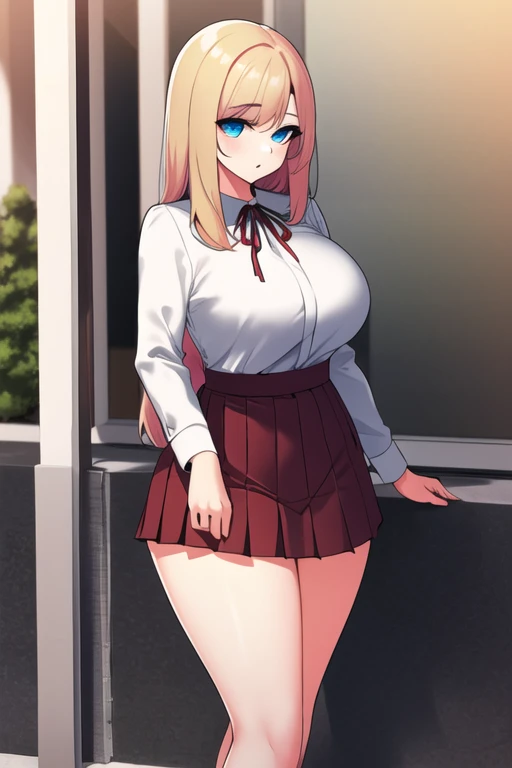 ((masterpiece, best quality)),1girl,outdoor,standing,large breasts, bangs, kira, blonde_hair, blue_eyes, breasts, long_hair, looking_at_viewer, solo, white_shirt, red_ribbon, cowboy_shot ,pleated_skirt, skirt, red_skirt, <lora:kiramix:0.7>