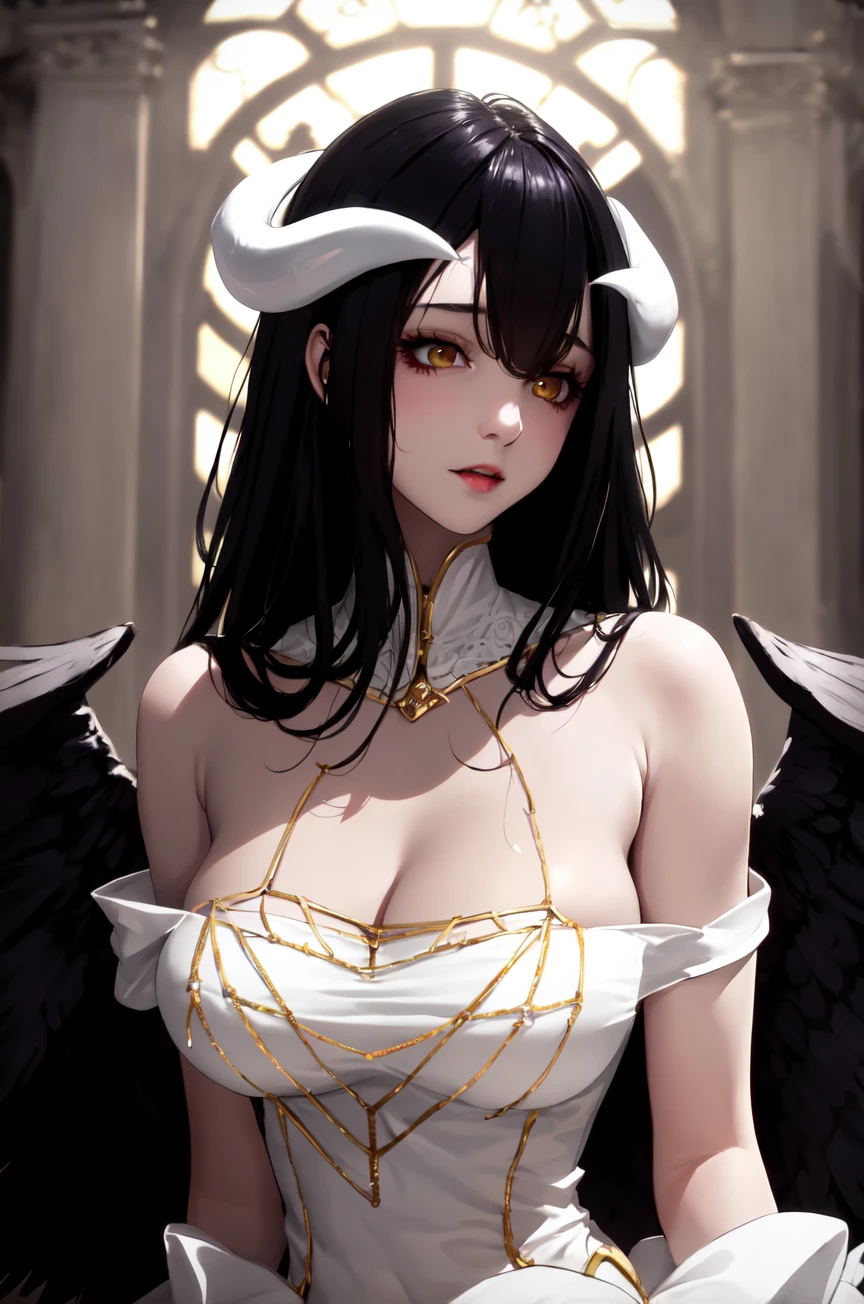 highres, sharp focus, pixiv masterpiece, ((intricate details)), highly detailed, 1girl, black wings, white dress with gold, white horns, albedo_overlord, black hair, (low wings,:1.1), upper body, castle on background <lora:Albedo_Overlord_v_1_2:0.7>