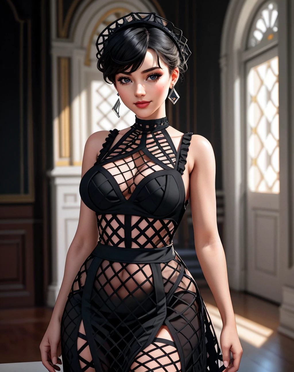 ((Masterpiece, best quality)),beautiful colors, sharp contrast,photography, detailed skin, realistic, photo-realistic, 8k, highly detailed, full length frame, High detail RAW color art, diffused soft lighting, shallow depth of field, sharp focus, hyperrealism, cinematic lighting,smiling,
edgHO, fishnet_dress,((fishnets,cut out dress)),a woman in a black dress ,wearing edgHO,black background
 <lora:edgHO:1>