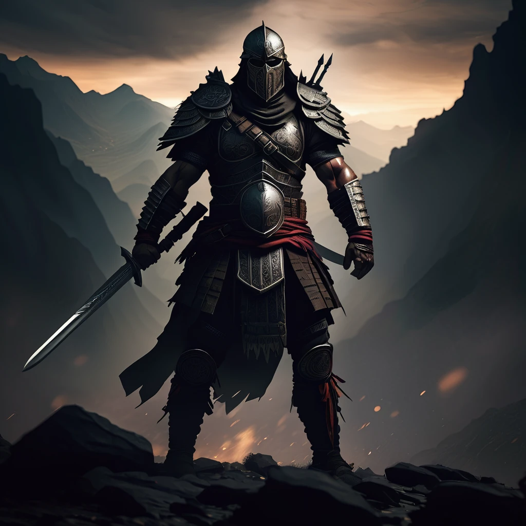 (brutal warrior) intricate armor, intricate weapon, dark tones palette, battlefield in background::4 militant pose,portrait, rage, anger, power, emotional, epic composition, tribal darkfantasy, dramatic shadows