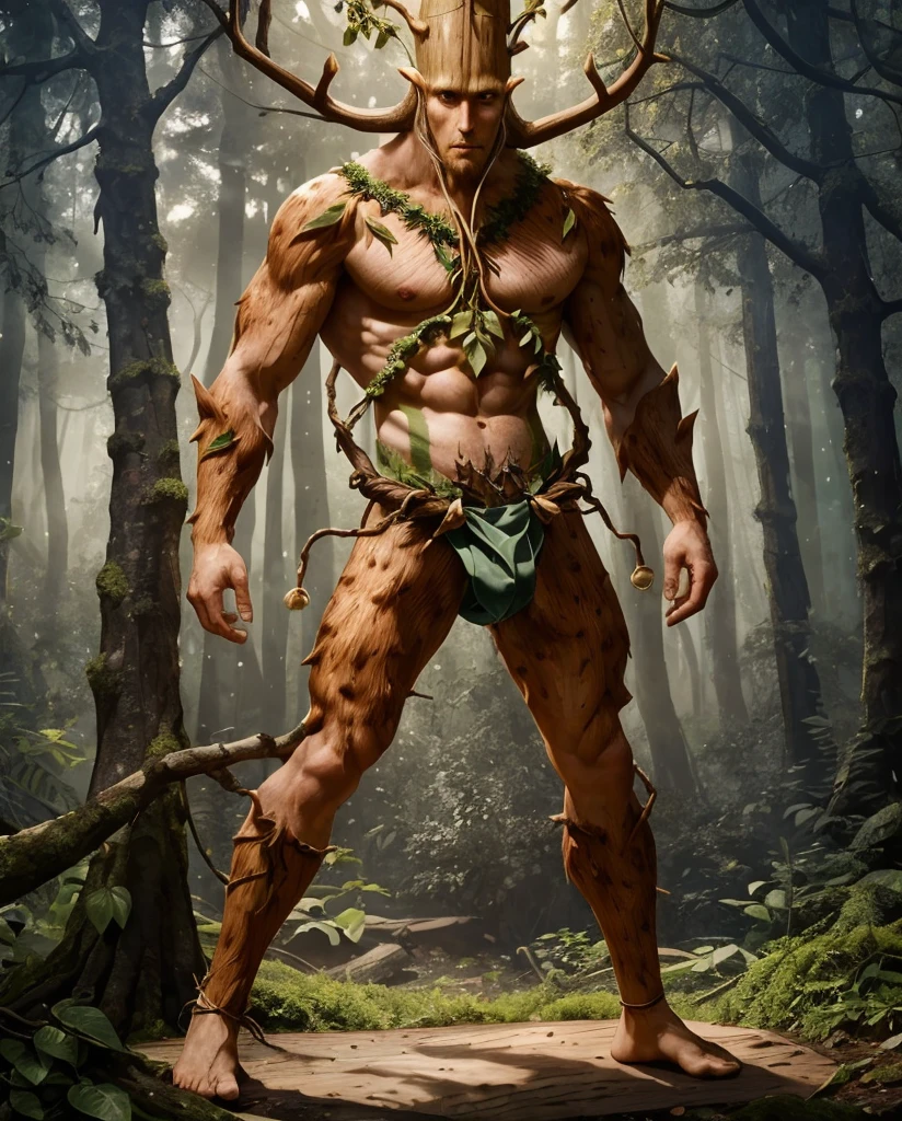 heroic, full body male, (muscular:1.1) (treant:1.5), in the forest, (wood skin:1.3), detailed texture, intricate wood, vines underwear, branch hair, wood, bark, detailed, intricate, illustration, render, anime