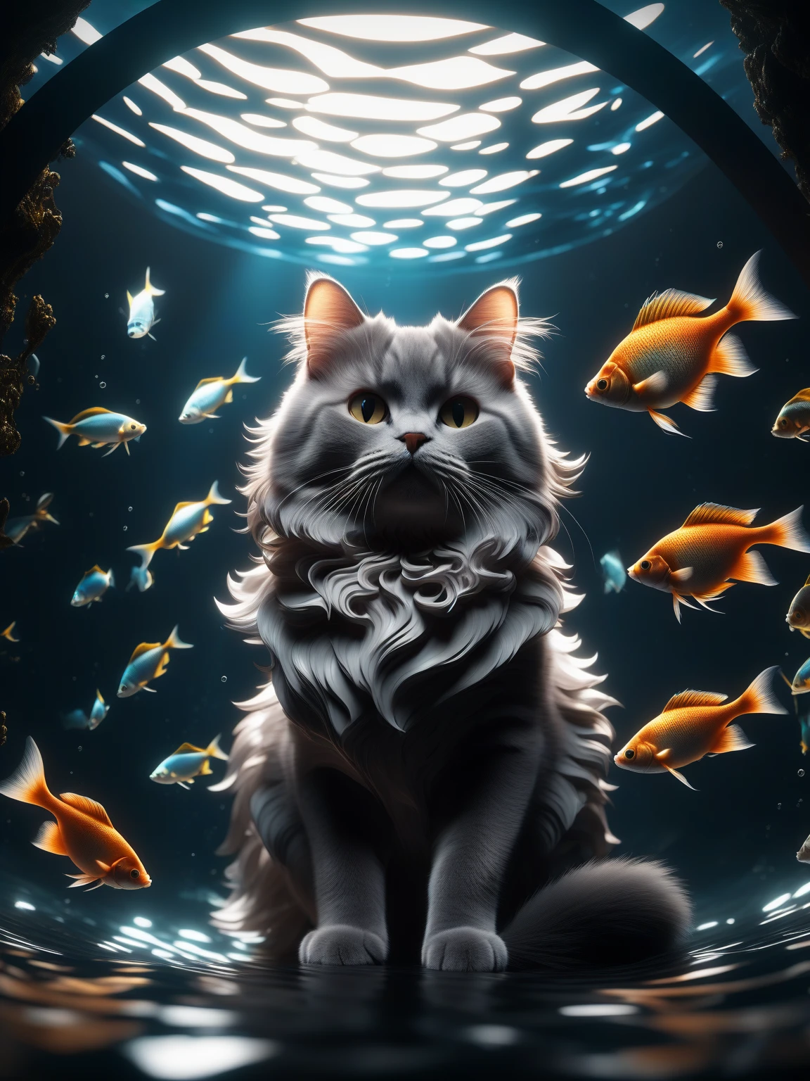 ultra wide angle, in focus, epic background, gorgeous lifelike, moody, dynamic pose of a fish, cat, the full and whole body, full length shot, hyper details, lighting art, cinematic, insane details, intricate details, hyperdetailed