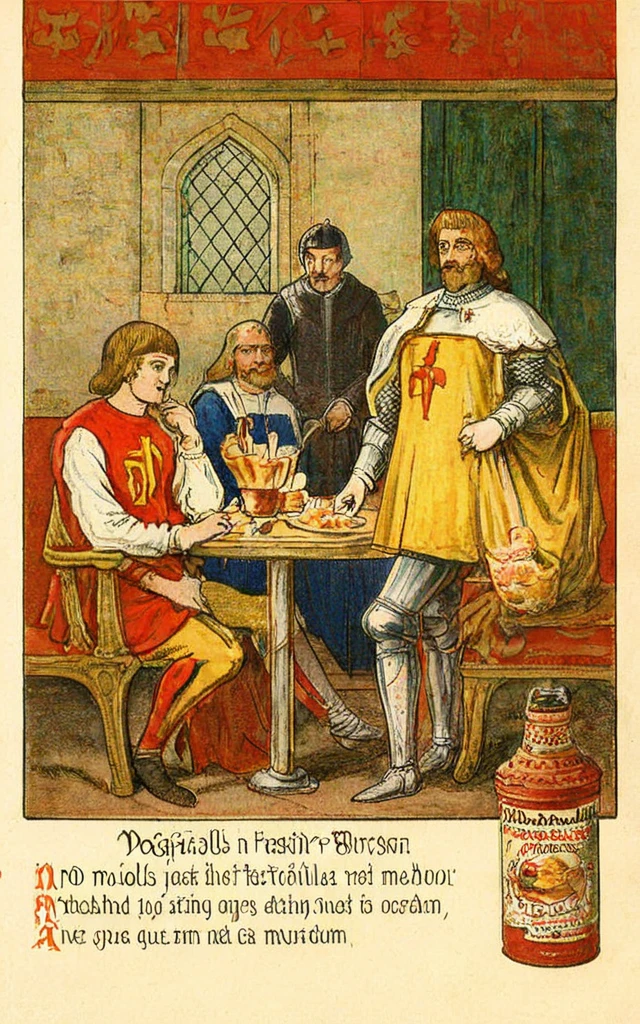 vintageillustration, a mcdonalds fastfood branch in medieval setting, nobles are eating burgers, 8k, very detailed, UHD, extreme details, medieval, burgers, fast food, mcdonalds