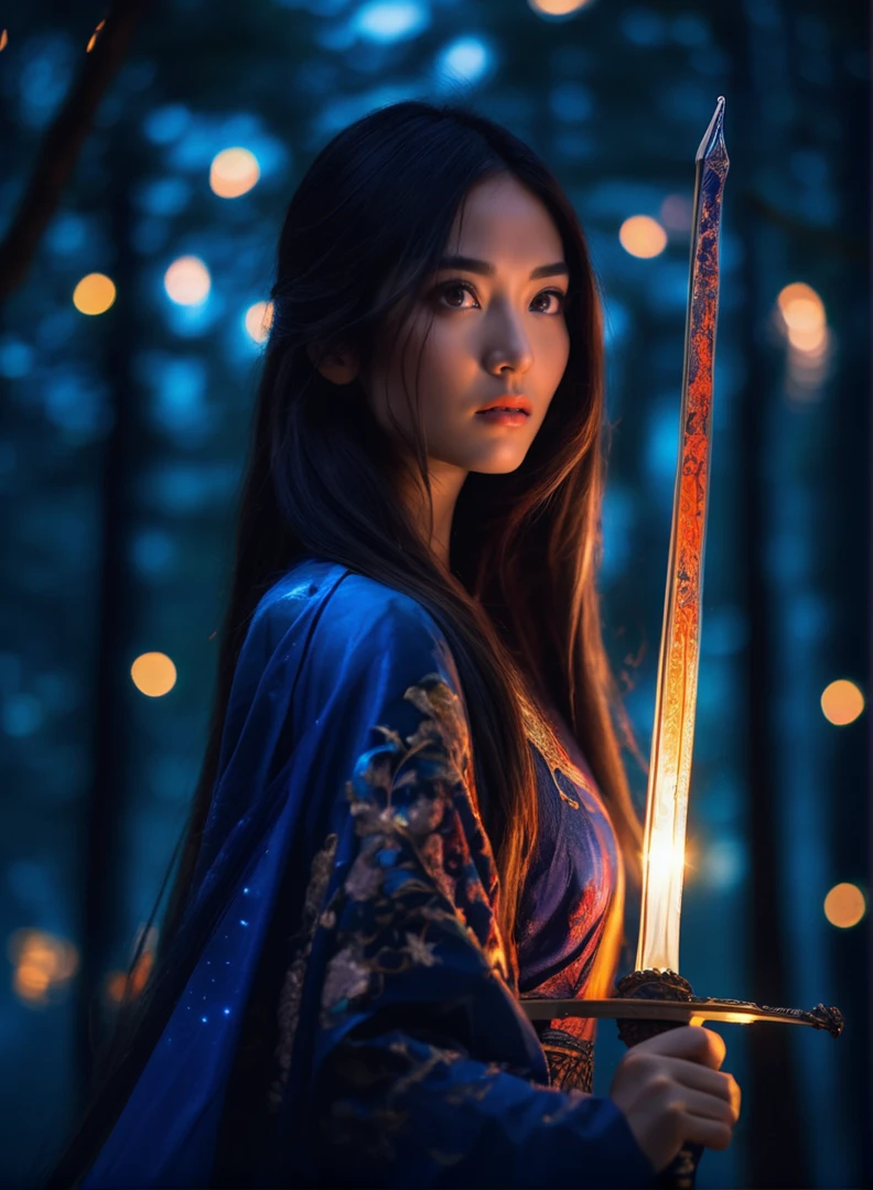(masterpiece,best quality:1.5), , asian woman holding a sword, in the style of dark azure and light azure, mixes realistic and fantastical elements, vibrant manga, uhd image, glassy translucence, vibrant illustrations, ultra realistic, long hair, straight hair, portrait, mysterious forest, firefly, bokeh, mysterious, night, sky, cloud