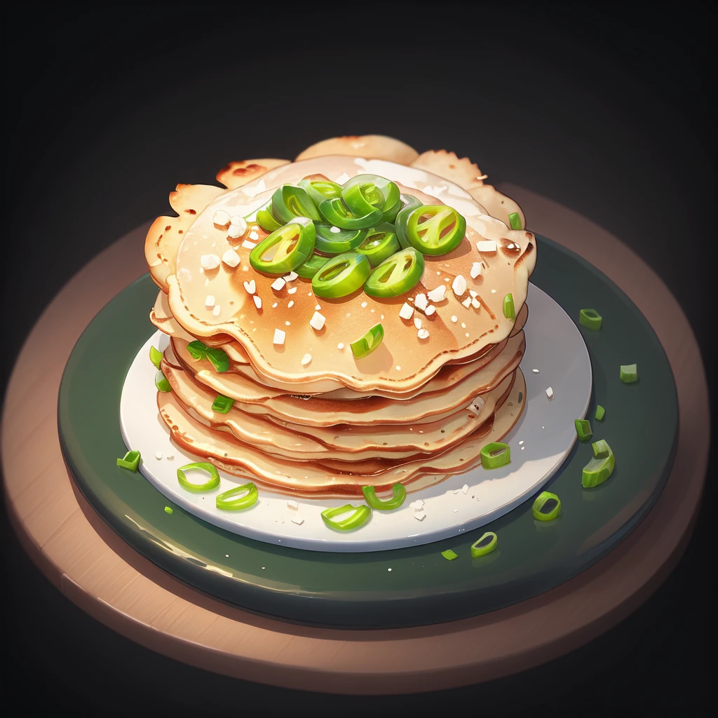 food, game icon institute, game icon,black background,simple background,plate,<lora:icon food-000038jiu:0.6>,
jianbing pancake,green onions,